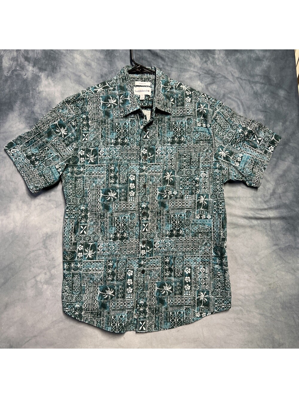 SaddleBred Hawaiian Shirt Mens L Teal Tribal Print Classic Fit Aloha - 1317-2Q